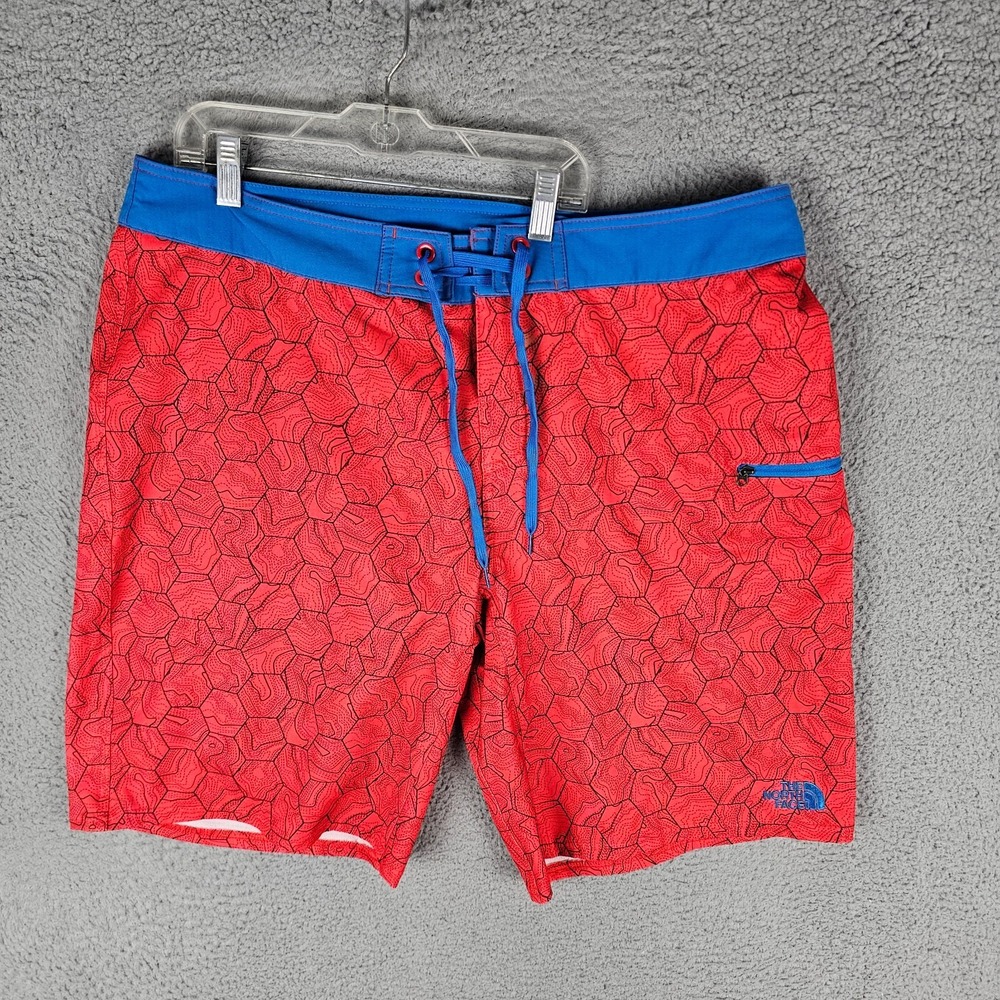 The North Face Board Shorts Mens 38 Red Geometric Pocket Beach Surf Drawstring